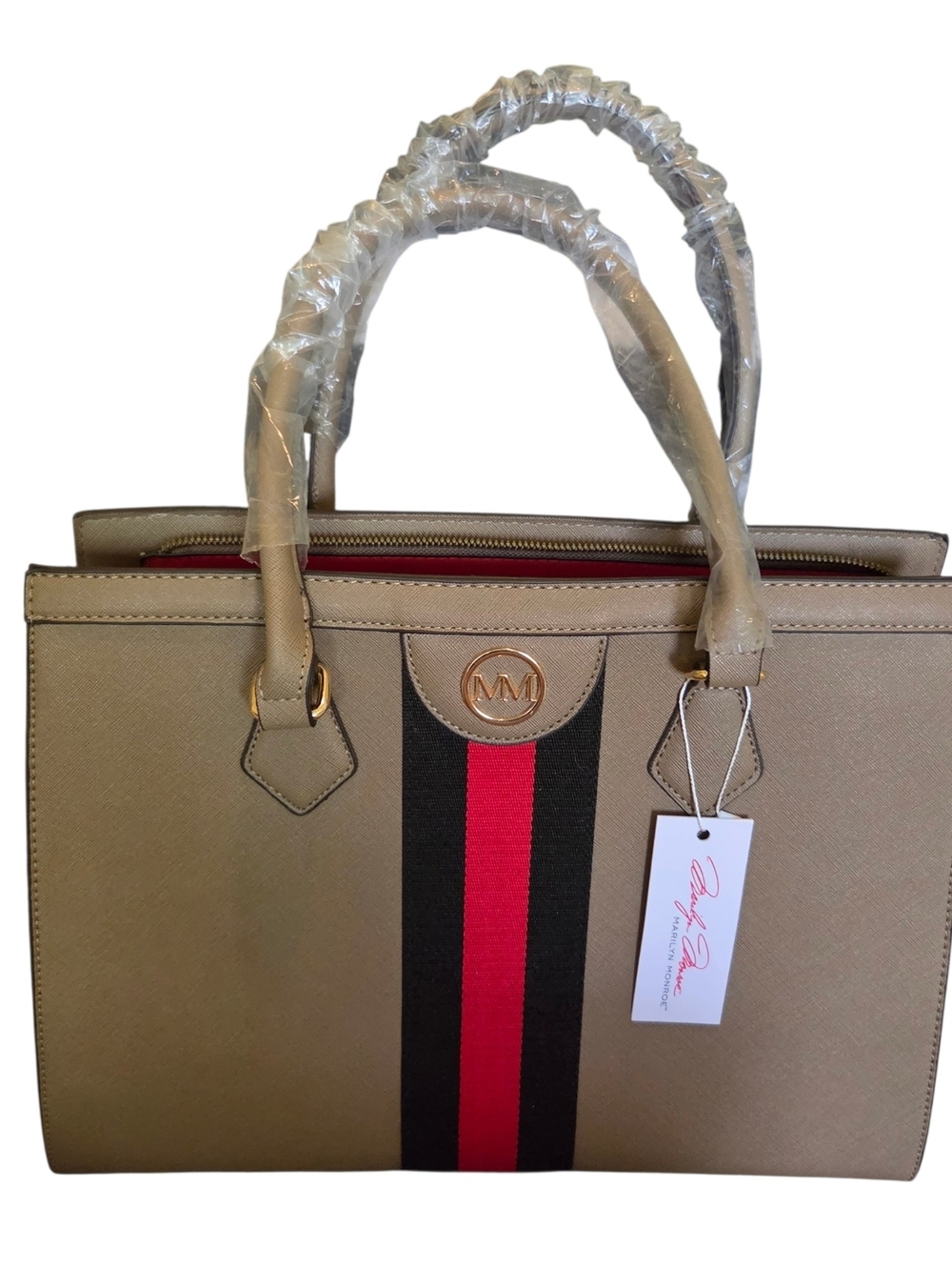 Marilyn Monroe Beige Satchel with Black and Red Center Stripe